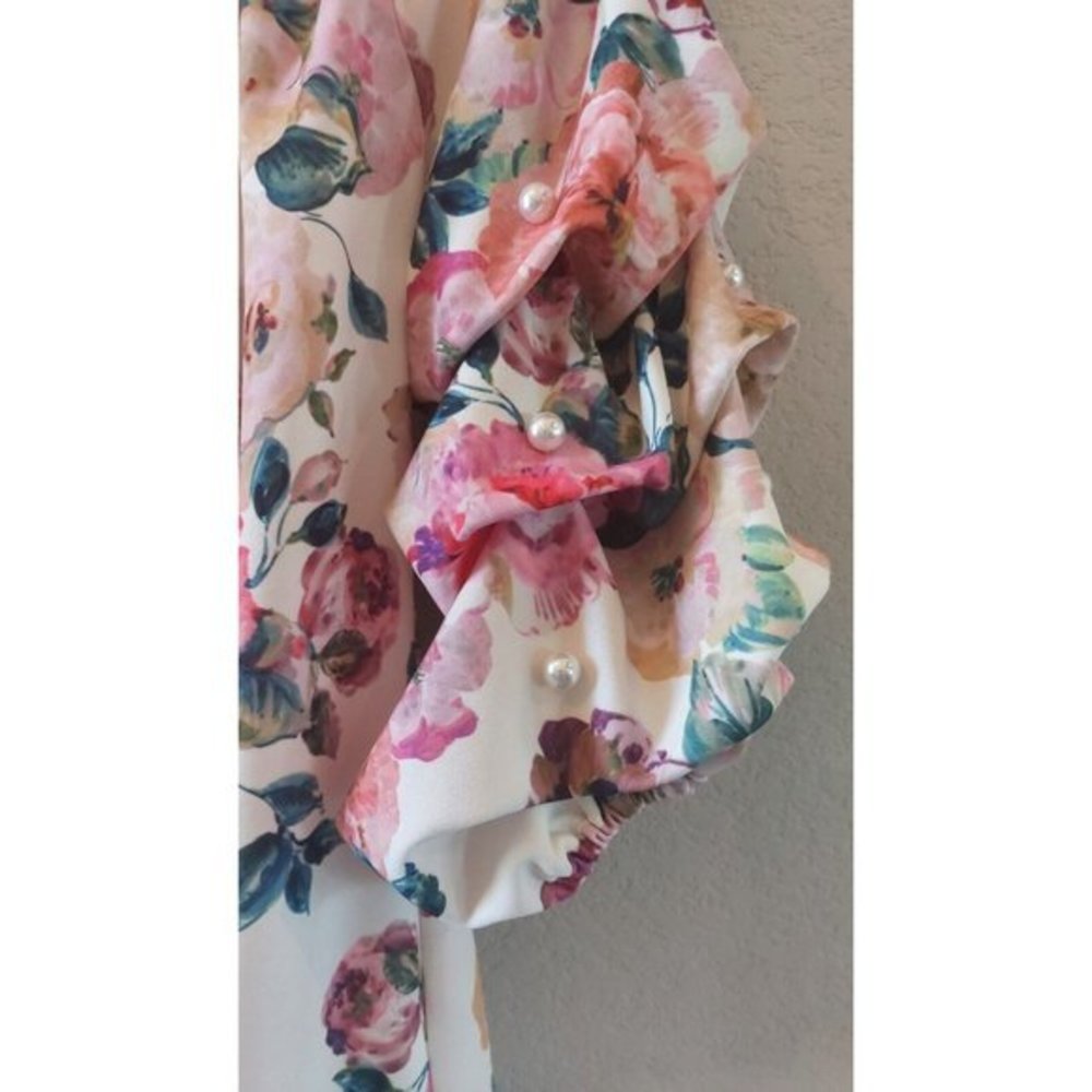 S Levine Women's Blouse Pearl Puff Sleeve Floral Cream Coral Size L - Picture 3 of 7